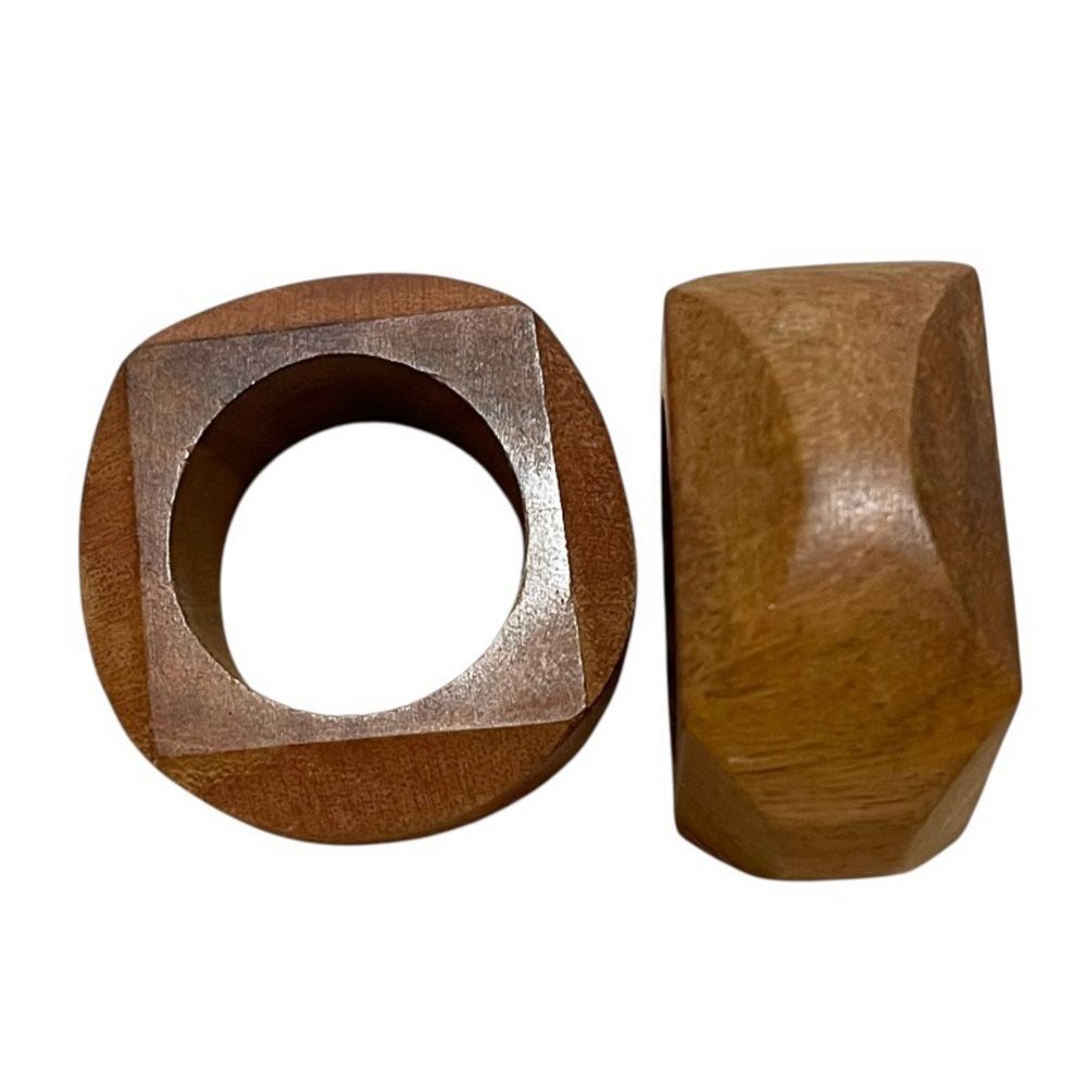 Vintage Artisan Crafted Wooden Geometric Shape Napkin Rings Rustic MCM Set of 2